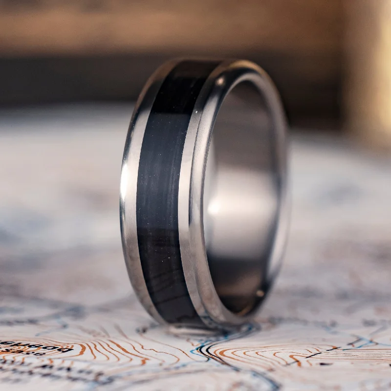 (In-Stock) The Speakeasy | Men's Black Whiskey Barrel Wood & Titanium Wedding Band - Size 11 | 8mm Wide