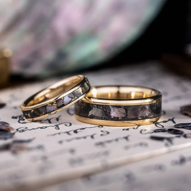 The Dark Tide & Tempest - His and Hers Unique Black Mother of Pearl & Gold Wedding Ring Set