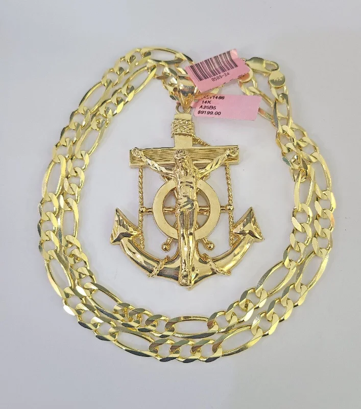 14k Figaro Chain Jesus Anchor Charm Pendant Gold 7mm 20-30 inch SET Necklace