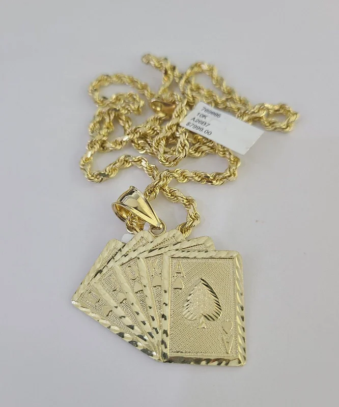 10k Solid Rope Chain Royal Flush Cards Charm Set 4mm 20"-28" Necklace Gold