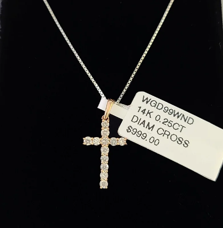 Real 14k Box Chain Jesus Cross Diamond Pendant Gold Necklace SET Women