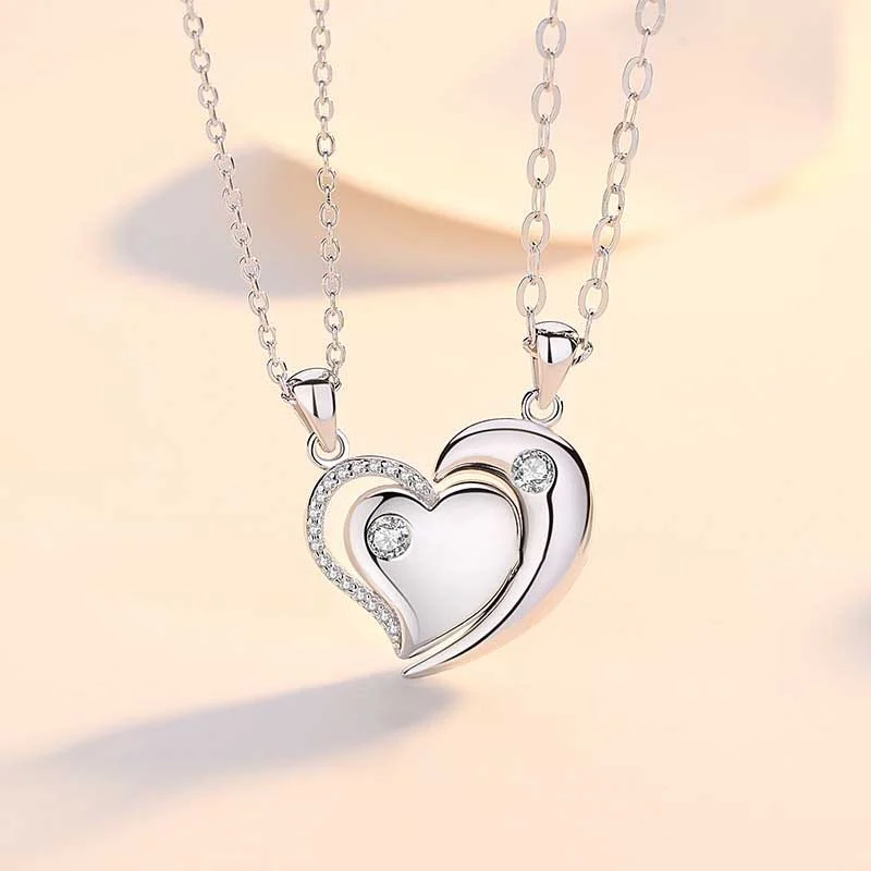 Sterling Silver Heart to Heart Magnetic CZ Couple Necklace