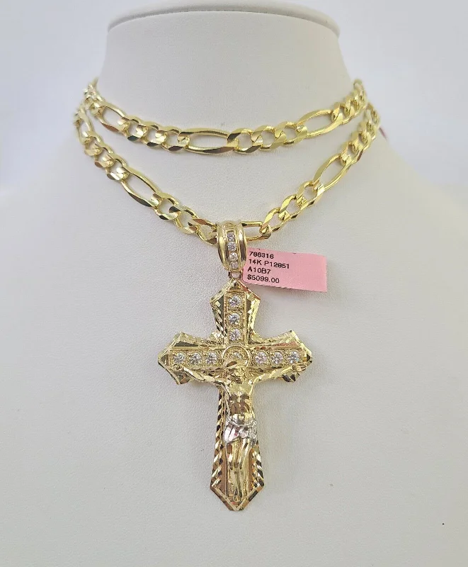 14k Figaro Chain Jesus Cross Charm Pendant Gold 7mm 20-30 inch SET Necklace