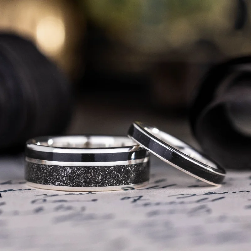 The Dark Star & Obsidian - Celestial Black and Silver Wedding Ring Set