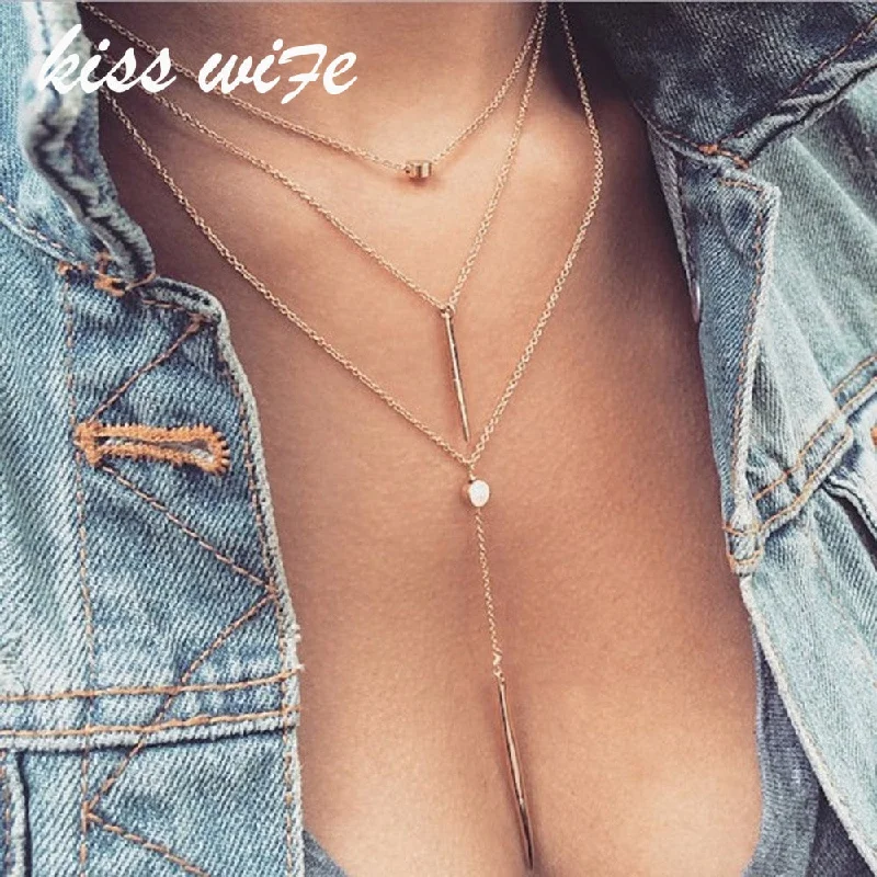 KISS WIFE Women Necklaces & Pendants 3 multi layer Necklace Tassel Charm Bar statement Necklace for Women gift