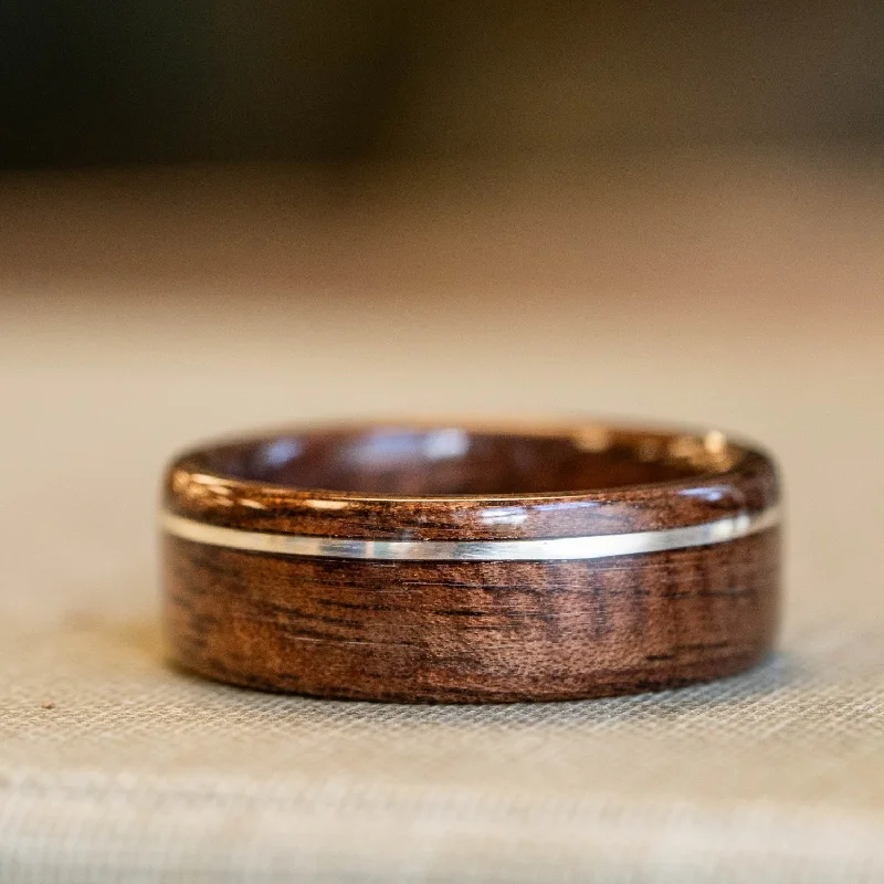 (In-Stock) Antique Walnut Wooden Ring w/Offset Silver Inlay - Size 9.75 | 8mm Wide