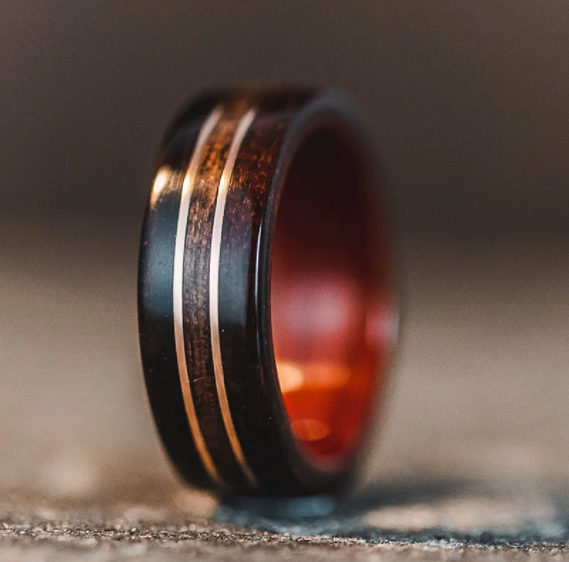 (In-Stock) Indian Rosewood Ring, Bloodwood Liner, Antique Walnut Center & Dual Rose Gold - Size 7.25 | 7mm Wide