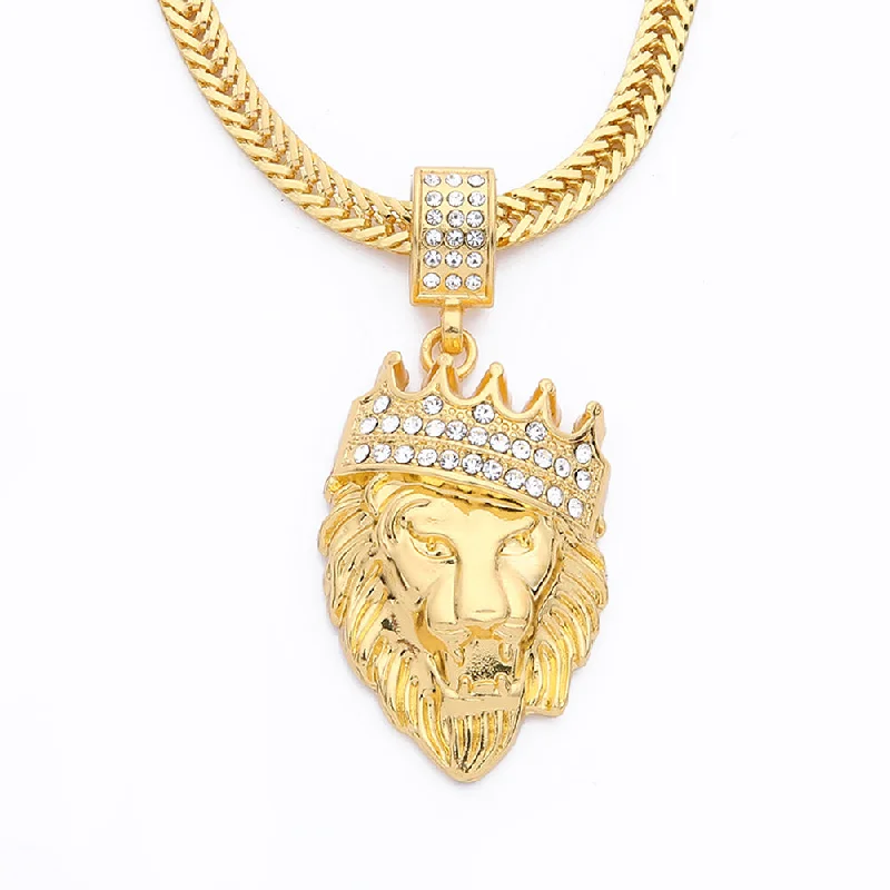 New Color Gold color Alloy 78cm Chain Men Lion Head Pendant Inlay Rhinestone Necklace HipHop Lion King Crown Franco Chain