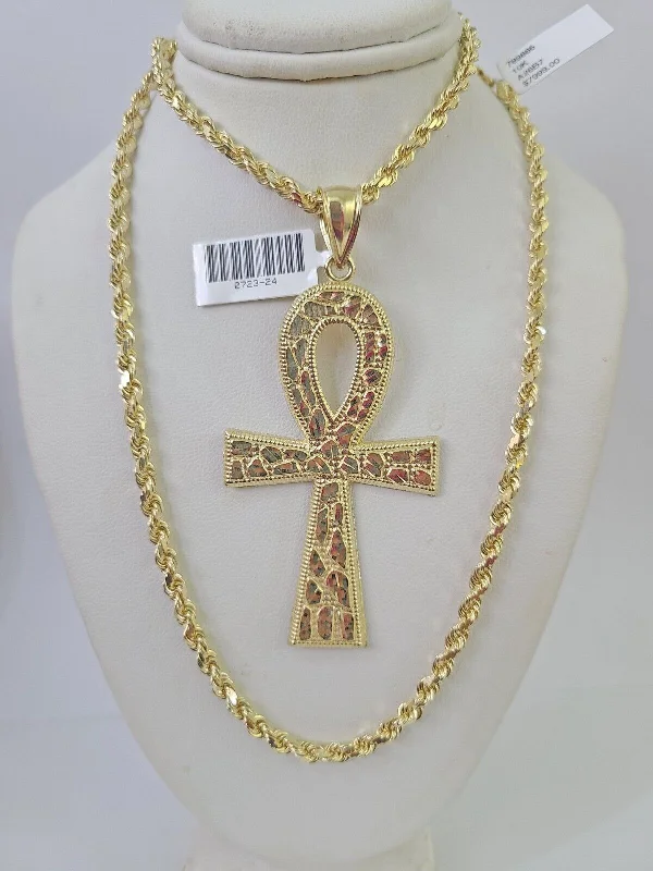 10k Solid Rope Chain Ankh Cross Charm Set 4mm 20"-28" Necklace Gold Yellow