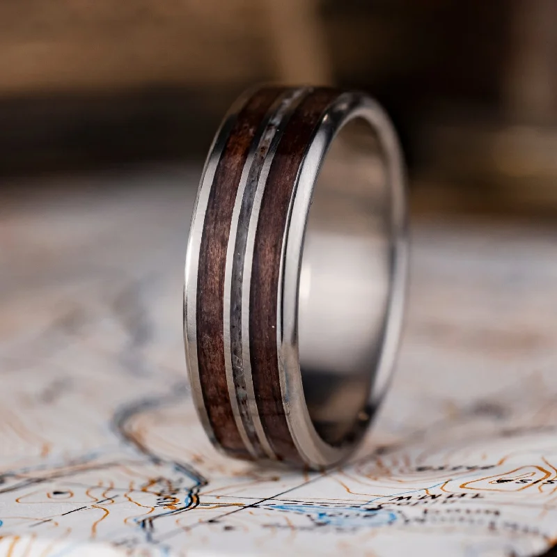 (In-Stock) The Stag | Men's Elk Antler and Walnut Wood Titanium Wedding Band - Size 13 | 8mm Wide