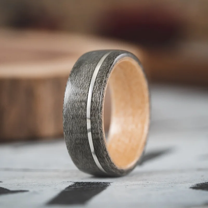 (In-Stock) Weathered Maple Wooden Ring, Natural Maple Liner & Offset Sterling Silver - Size 9.25 | 8mm Wide