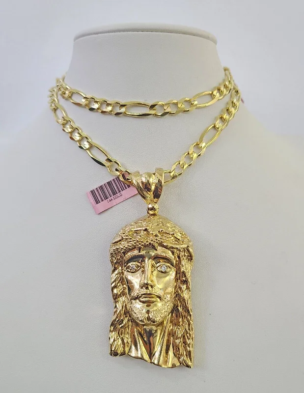 14k Figaro Chain Jesus Head Charm Pendant Gold 7mm 20-30 inch SET Necklace