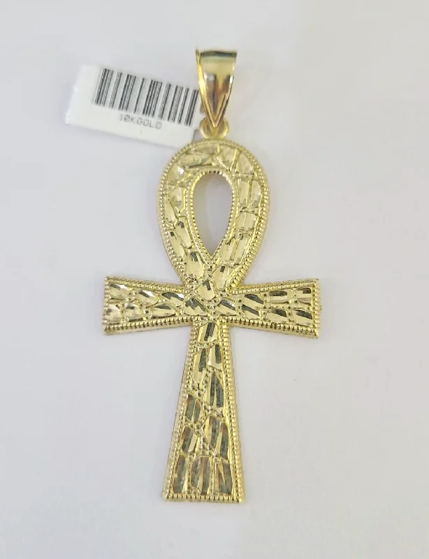 10k Ankh Cross Pendant Jesus Cross Nugget Style Yellow Gold Charm Real Genuine