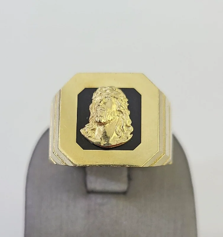 Real 10k Ring Jesus Head Fancy Black Design Yellow Gold Men Casual 10kt