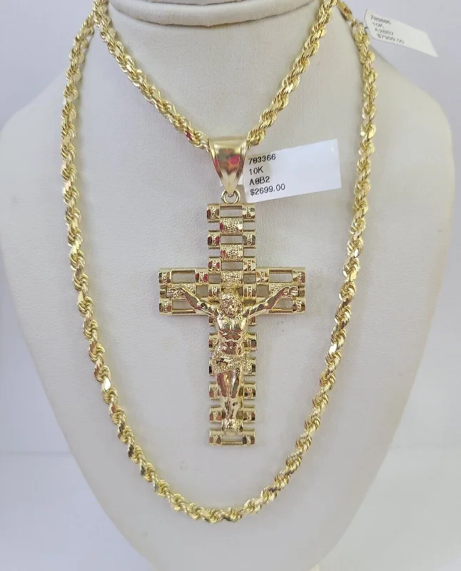 10k Solid Rope Chain Jesus Cross Charm Set 4mm 20"-28" Necklace Gold Yellow