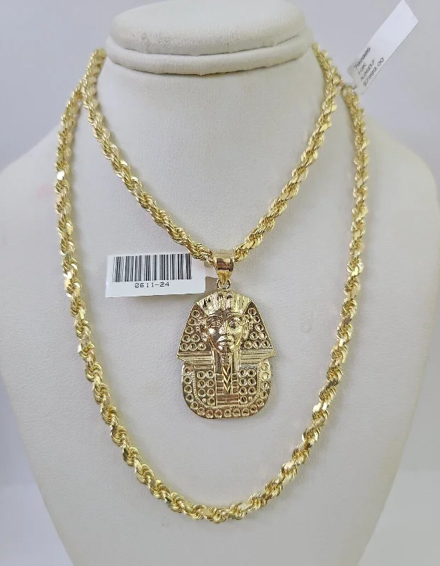 10k Solid Rope Chain Pharaoh Charm Set 4mm 20"-28" Necklace Gold Yellow