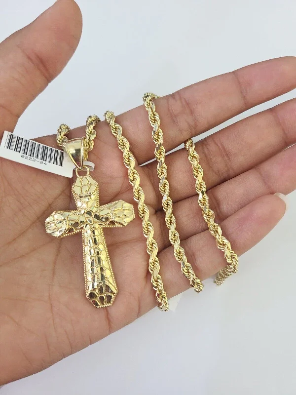 10k Solid Rope Chain Jesus Cross Charm Set 4mm 20"-28" Necklace Gold Yellow