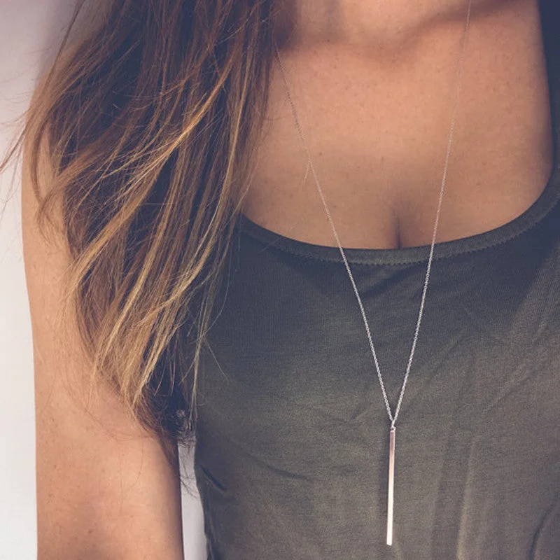 Simple Classic fashion Stick Pendant Necklace Hollow Girl Long Link Chain Square Copper Necklaces long Strip Jewelry for women