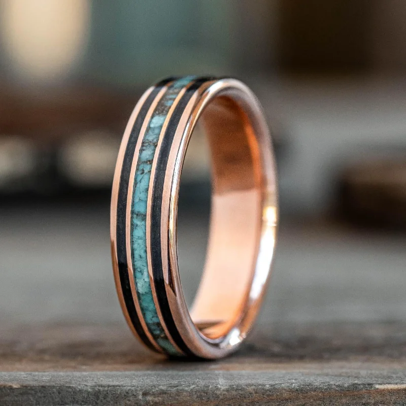 (In-Stock) Custom Men's 10k Rose Gold Whiskey Barrel & Turquoise Ring - Size 10.75 | 6mm