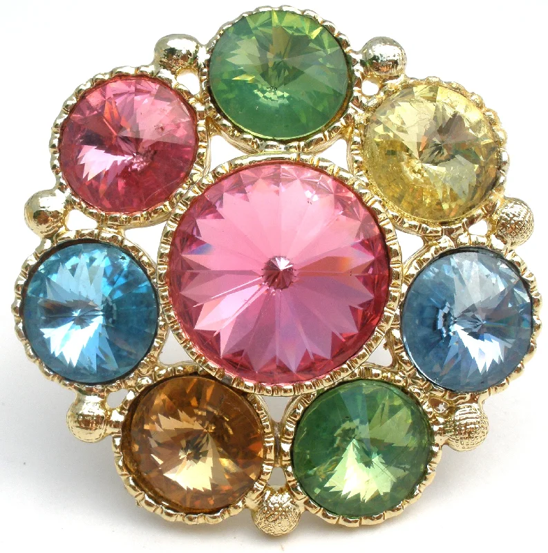 Multi Color Rivoli Rhinestone Brooch Vintage