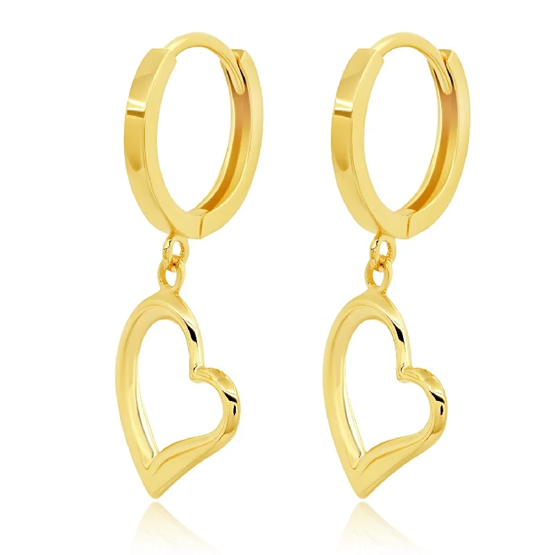 14K Yellow Gold Dangle Heart Huggie Hoop Earrings