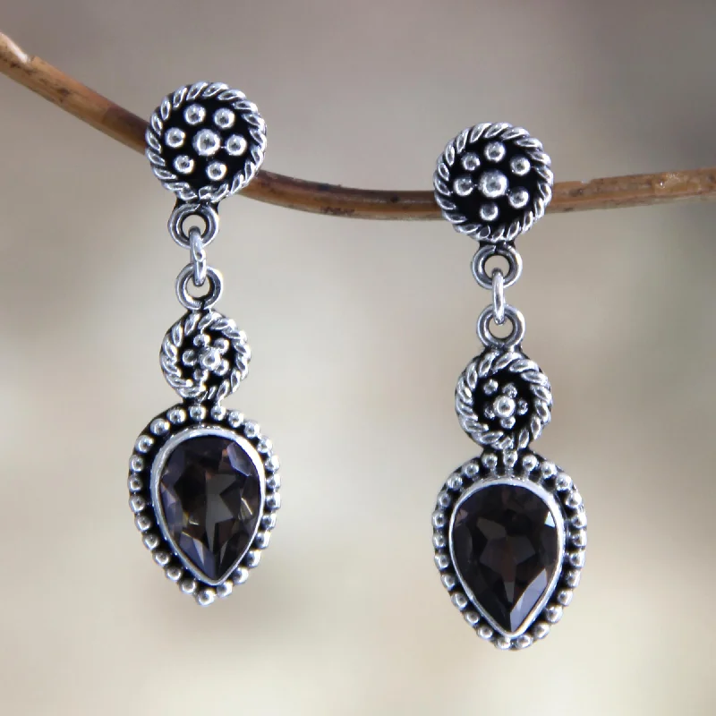 Balinese Jackfruit Unique Sterling Silver and Smoky Quartz Earrings