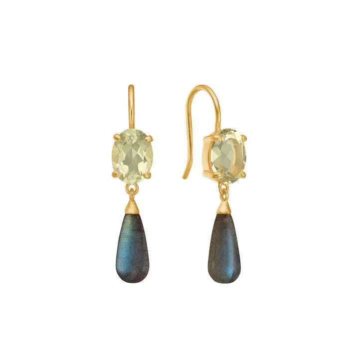 Drop Lemon 18K Gold Plated Earrings w. Quartz & Labradorite