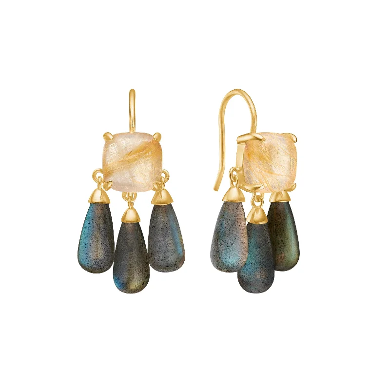 18K Gold Plated Earrings w. Quartz & Labradorite