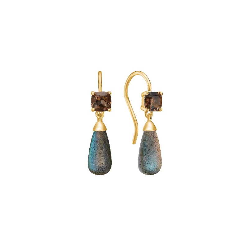 18K Gold Plated Earrings w. Smoked Quartz & Labradorite