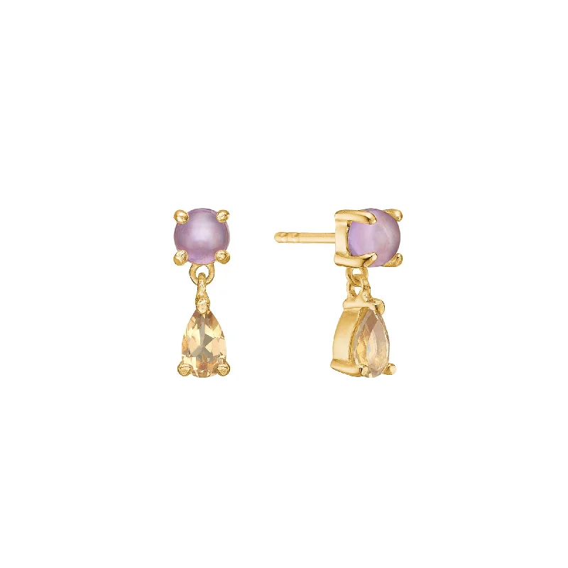 Olalla 18K Gold Plated Hoops w. Amethyst & pear shaped Quartz