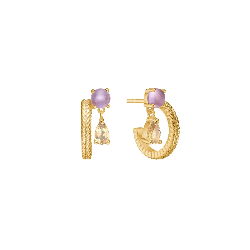 Olalla 18K Gold Plated Hoops w. cabochon cut Amethyst & Champagne Quartz