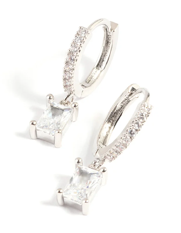 Rhodium Rectangular Cubic Zirconia Huggie Hoop Earrings