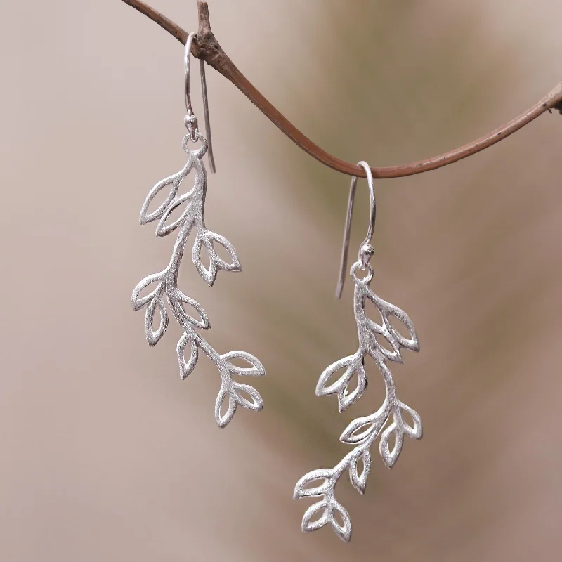 Cute Leaves Leaf-Themed Sterling Silver Dangle Earrings from Bali