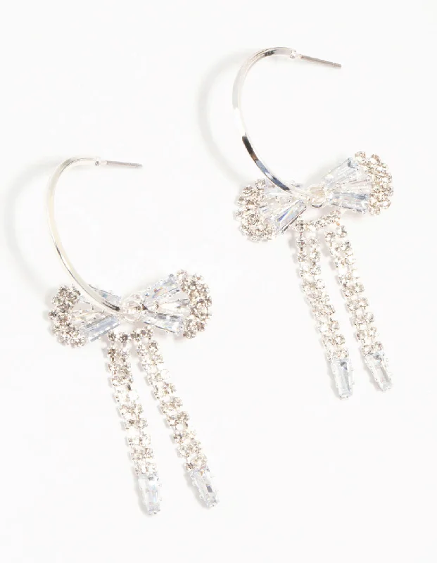 Diamante Bow Hoop Silver Earrings