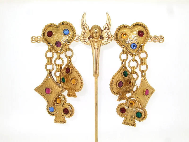 Edouard Rambaud Statement Chandelier Earrings Heart Gold Jewelled