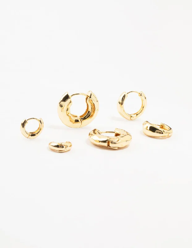 Gold Plated Hammered Graduating Hoop Earrings 3-Pack