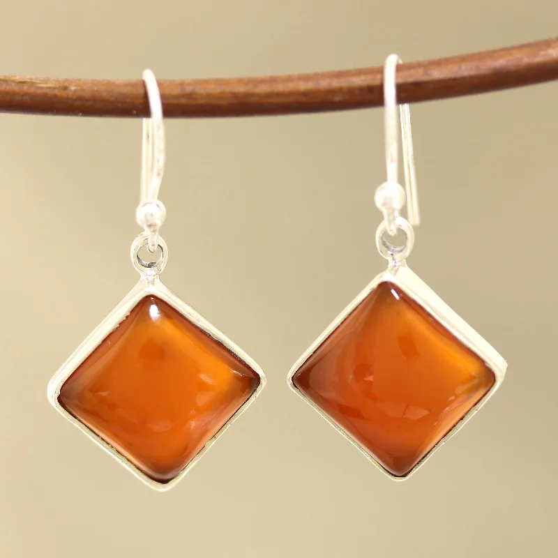 Honey Squares Square Carnelian Dangle Earrings from India