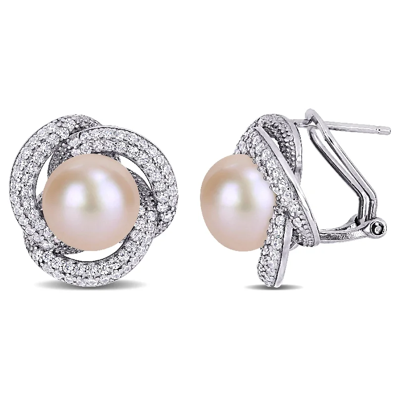 Mimi & Max 10.5-11mm Pink Cultured Freshwater Pearl and 1 1/2ct TGW Cubic Zirconia Earrings in Sterling Silver