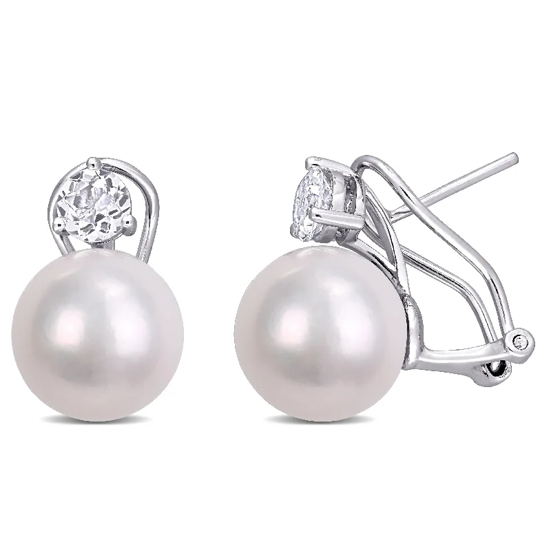 Mimi & Max 11-12mm Cultured Freshwater Pearl and 1 1/6ct TGW White Topaz Earrings in Sterling Silver