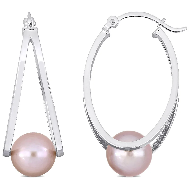 Mimi & Max 8-8.5mm Cultured Freshwater Pink Pearl Hoop Earrings in Sterling Silver