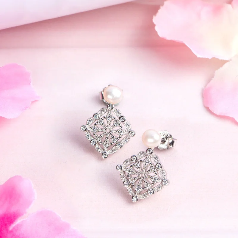 Pearl Square Radiance Rhodium-Plated 925 Sterling Silver Earrings