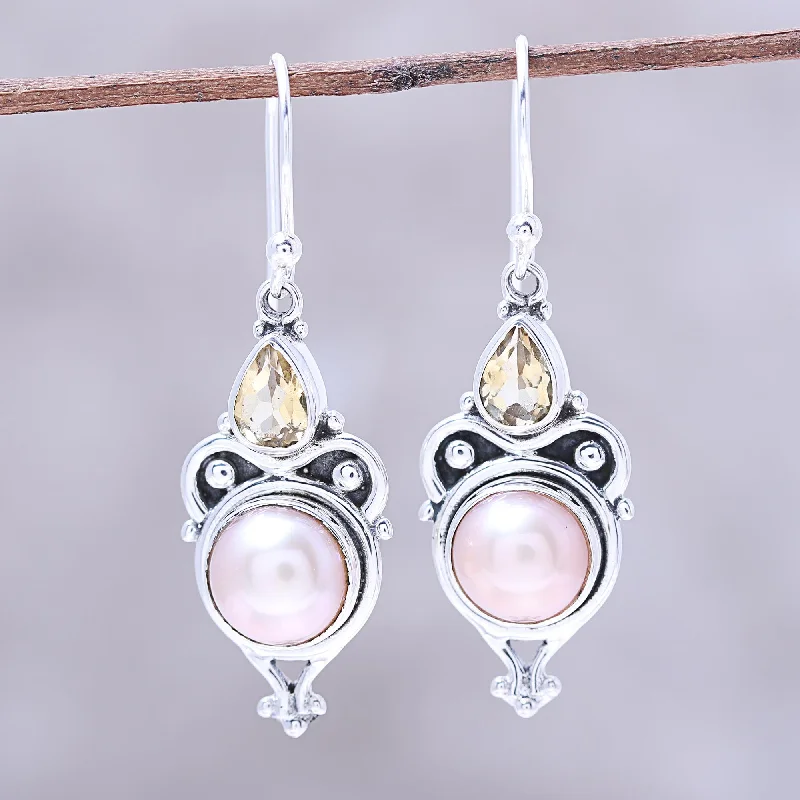 Pink Moon Sparkle Pink Cultured Pearl and Citrine Dangle Earrings from Citrine