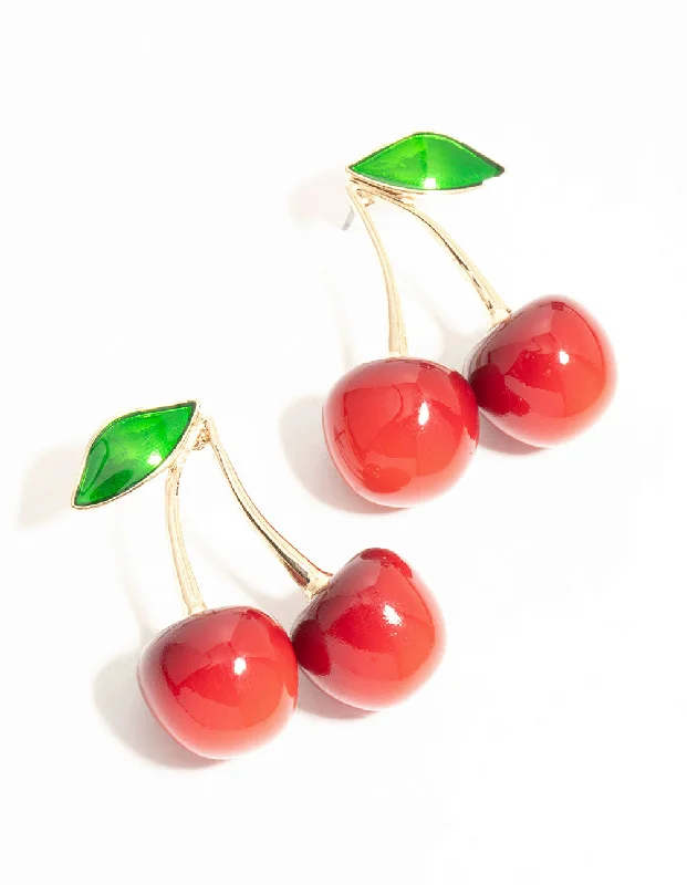 Red Double Cherry Drop Gold Earrings