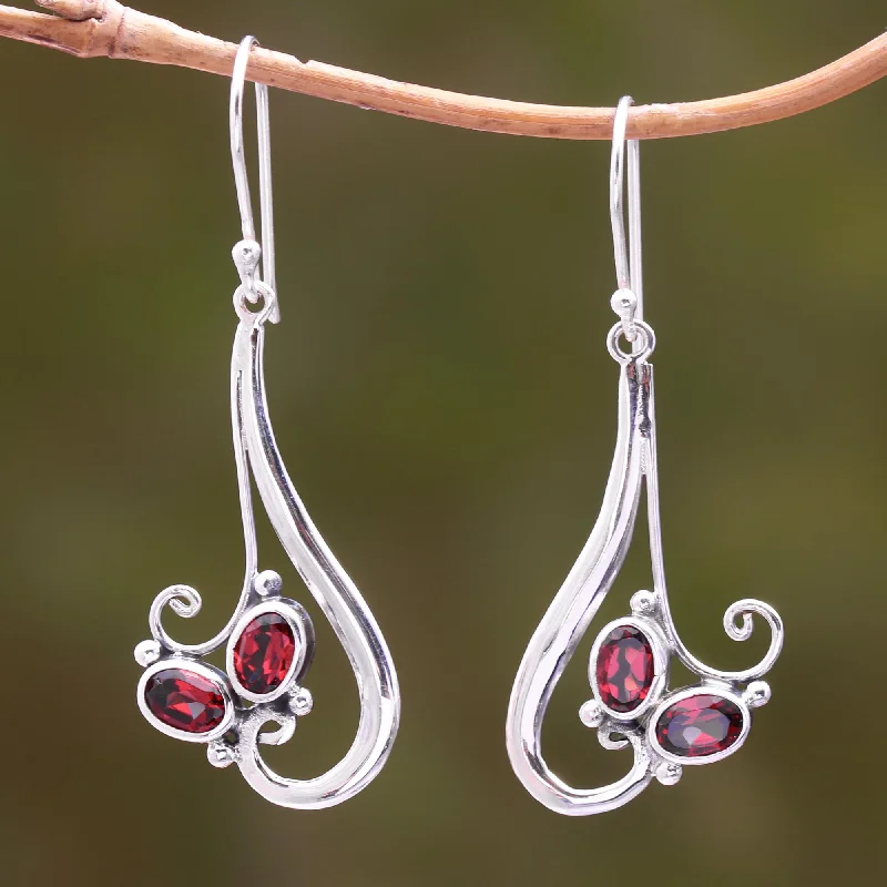 Red Tendrils Tendril Motif Garnet Dangle Earrings from Bali