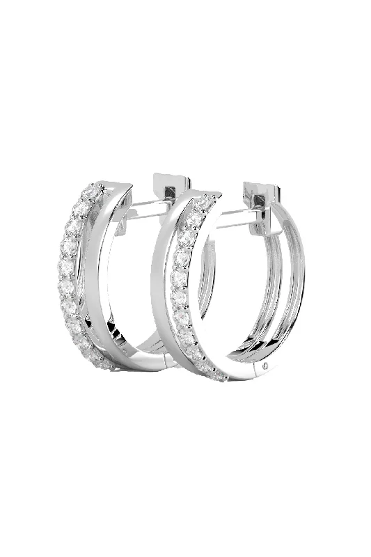 Double Line 18K White Gold Hoops w. Lab-Grown Diamonds