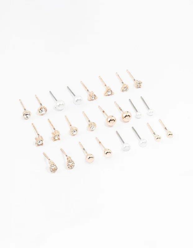 Rose Gold Classic Pearl & Stone Earrings 12-Pack