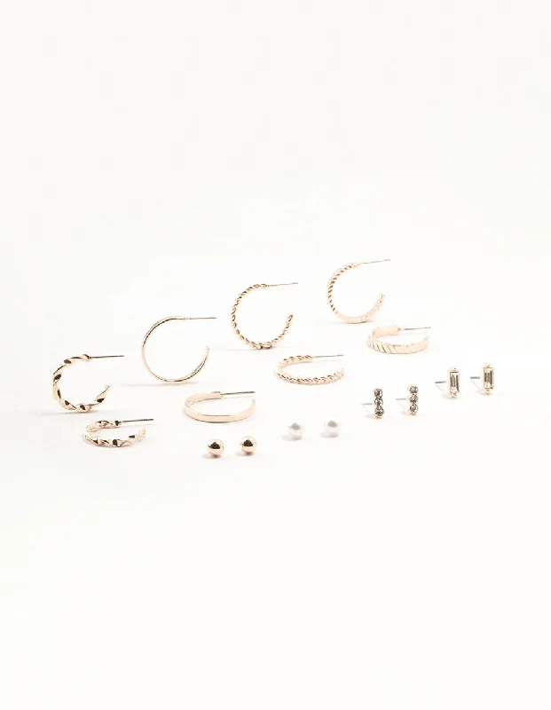 Rose Gold Diamante Pearl Hoop Earrings 8-Pack