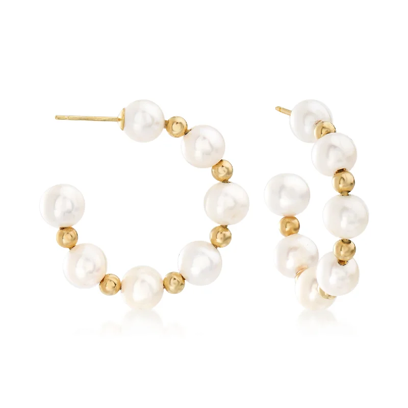 Ross-Simons 6-7mm Cultured Pearl Hoop Earrings in 14kt Yellow Gold