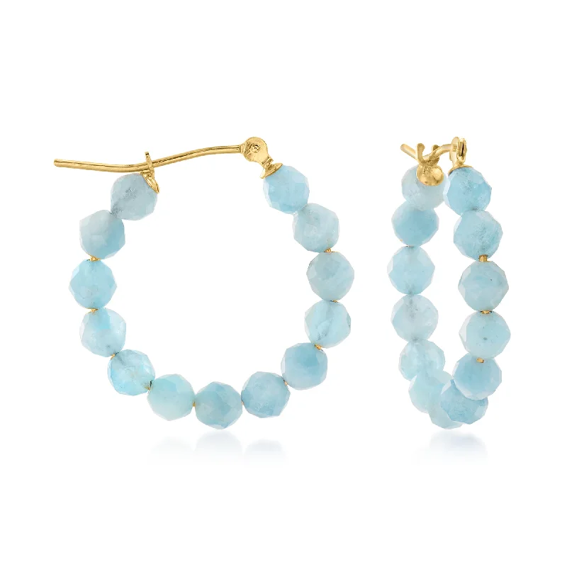 Ross-Simons Aquamarine Bead Hoop Earrings in 14kt Yellow Gold