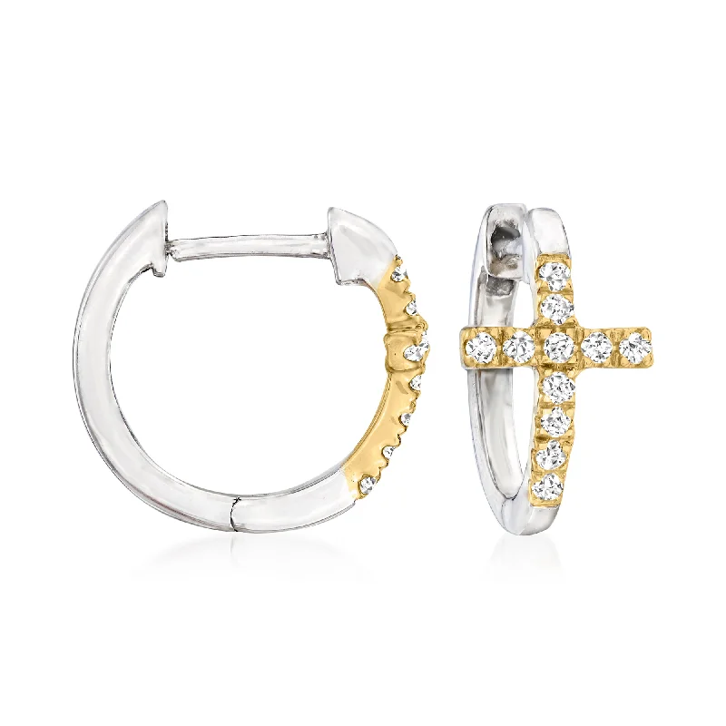 Ross-Simons Diamond Cross Huggie Hoop Earrings in Sterling Silver and 14kt Yellow Gold